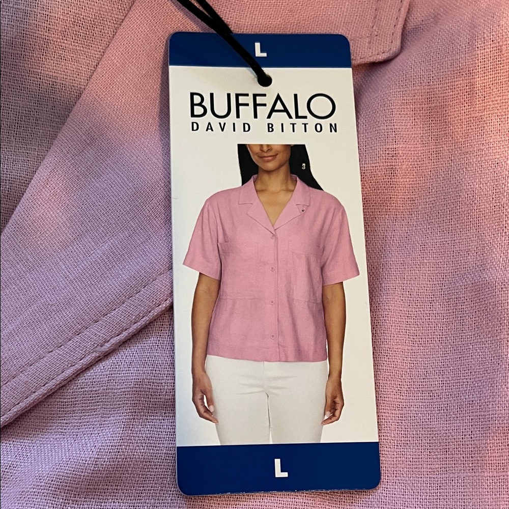 BUFFALO David Bitton Women’s Pink Linen Blend Short Sleeve Utility Top (Size L)!